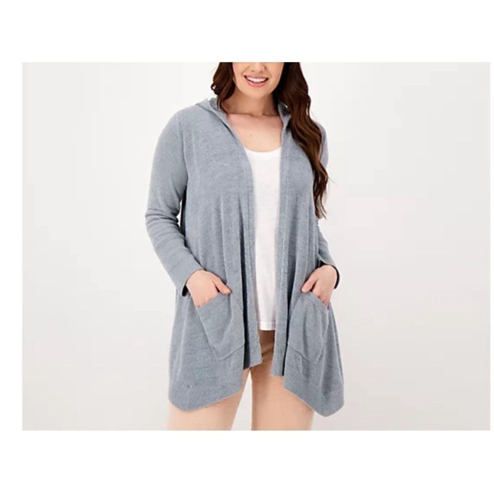 Barefoot Dreams CozyChic Ultra Lite Hooded Cardigan‎ Gray Mint EUC Open Front